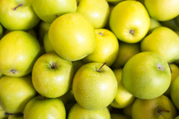 Top view of green apples in pile, Many apples from tree, Green apple sell in fruit market