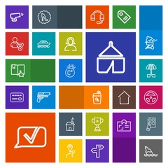 Modern, simple, colorful vector icon set with weapon, military, tent, umbrella, click, temperature, adventure, communication, online, equipment, fahrenheit, scale, cup, book, parasol, chat, gun icons