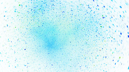 Abstract chaotic blue and green square particles. Fantasy fractal design. Digital art. 3D rendering.