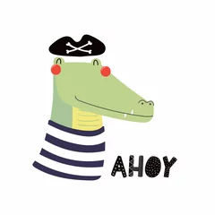 Zelfklevend Fotobehang Hand drawn vector illustration of a cute funny crocodile pirate in a tricorn hat, with lettering quote Ahoy. Isolated objects. Scandinavian style flat design. Concept for children print. © Maria Skrigan