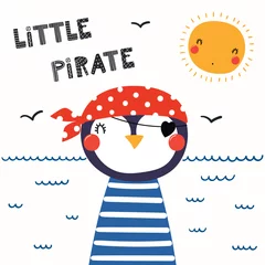 Türaufkleber Hand drawn vector illustration of a cute funny penguin pirate in a bandana, with lettering quote Little Pirate. Isolated objects. Scandinavian style flat design. Concept for children print. © Maria Skrigan