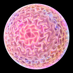 Fantastic planet. Abstract textured sphere with pink and golden swirly shapes. Fantasy fractal design. Psychedelic digital art. 3D rendering.