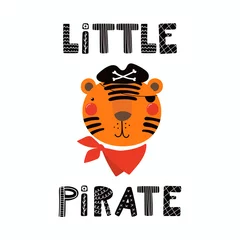 Zelfklevend Fotobehang Hand drawn vector illustration of a cute funny tiger pirate in a tricorn hat, with lettering quote Little Pirate. Isolated objects. Scandinavian style flat design. Concept for children print. © Maria Skrigan