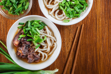 Japanese Udon noodles with beef, green onion and soup