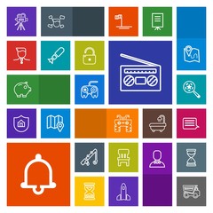 Modern, simple, colorful vector icon set with fishing, find, record, bank, movie, search, dump, alert, economy, chair, audio, wheel, message, quad, fish, alarm, atv, home, music, arrow, reel icons