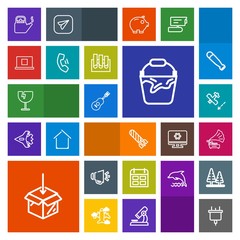 Modern, simple, colorful vector icon set with gramophone, electric, vintage, electricity, musical, glass, travel, plug, sound, container, speaker, voice, loud, loudspeaker, fire, upload, handle icons