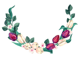 Watercolor Burgundy and Cream Tulips Wreath