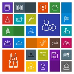 Modern, simple, colorful vector icon set with paper, work, business, book, service, adventure, vintage, metal, tent, blank, construction, clothing, library, bellhop, wear, house, online, roof icons