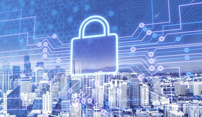 Digital lock icon on city background