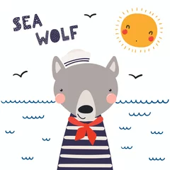 Door stickers Illustrations Hand drawn vector illustration of a cute funny wolf sailor in a cap and neckerchief, with lettering quote Sea wolf. Isolated objects. Scandinavian style flat design. Concept for children print.