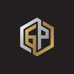 Initial letter GP, looping line, hexagon shape logo, silver gold color on black background
