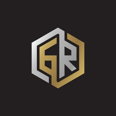 Initial letter GR, looping line, hexagon shape logo, silver gold color on black background - obrazy, fototapety, plakaty