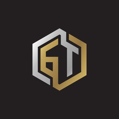 Initial letter GT, looping line, hexagon shape logo, silver gold color on black background