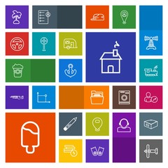 Modern, simple, colorful vector icon set with estate, sweet, home, anchor, war, sea, house, file, airplane, tropical, aircraft, building, ice, palm, cream, summer, dessert, plane, drink, office icons