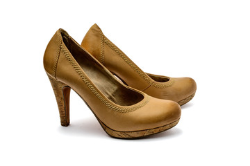 Brown vintage leather high heel plateau pumps
