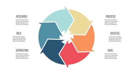 Business infographics. Pie chart with 6 parts, arrows. Vector template.