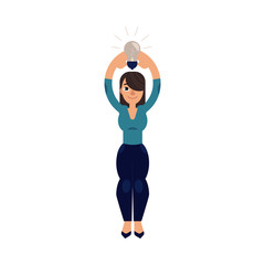 Young woman in casual clothing holding illuminting light bulb above head. Female cute character and symbol of idea, creativity and eureca. Vector flat isolated illustration