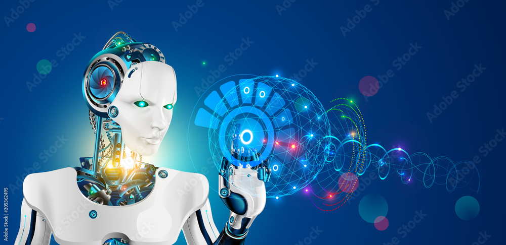 Poster Robot with artificial intelligence. Wise cyborg with higher or supreme mind working on abstract hud virtual interface. Future science concept. Industrial revolution 4.0
