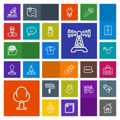 Modern, simple, colorful vector icon set with folder, radio, forest, roll, musical, research, trumpet, temperature, office, tool, print, microscope, building, tshirt, station, castle, scale icons