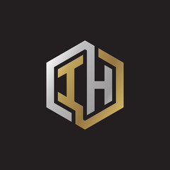 Initial letter IH, looping line, hexagon shape logo, silver gold color on black background