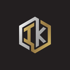Initial letter IK, looping line, hexagon shape logo, silver gold color on black background