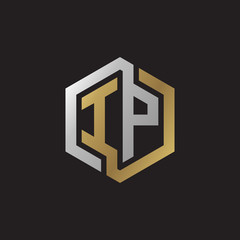 Initial letter IP, looping line, hexagon shape logo, silver gold color on black background
