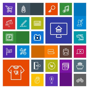 Modern, simple, colorful vector icon set with bike, online, trolley, exit, chat, camera, helicopter, transportation, cart, technology, weight, shop, tshirt, balance, education, closed, wheel icons