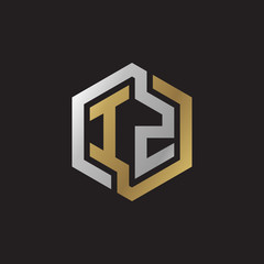 Initial letter IZ, looping line, hexagon shape logo, silver gold color on black background