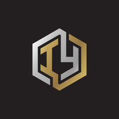 Initial letter IY, looping line, hexagon shape logo, silver gold color on black background