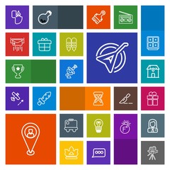 Modern, simple, colorful vector icon set with cigarette, present, fire, flame, lamp, bag, tripod, object, string, box, lighter, winner, baggage, architecture, travel, estate, folk, movie, camera icons