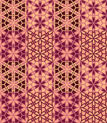 Seamless pattern tiled ornament. Floral textile print. Islamic vector design. Oriental background with abstract flowers. Hexagonal patchwork swatch. Stained glass vitrage.