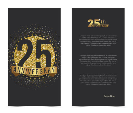 25th anniversary card with gold elements. Vector illustration.