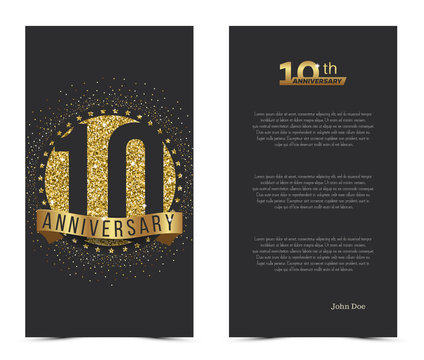 10th anniversary card with gold elements. Vector illustration.