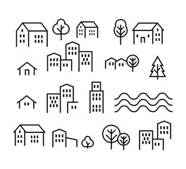 Thin line city icon set vector