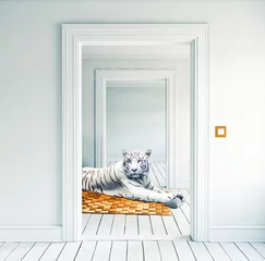 Crédence de cuisine en verre imprimé Tigre white tiger on the orange carpet