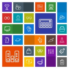 Modern, simple, colorful vector icon set with captain, retail, science, calculator, music, park, can, rocket, shuttle, digital, garbage, hat, sailor, victory, player, monitor, sign, hand, button icons