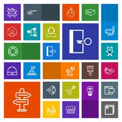 Modern, simple, colorful vector icon set with person, jet, escape, arrow, folk, room, direction, tropical, business, sign, jazz, armchair, music, web, trumpet, door, inflatable, aircraft, bugle icons