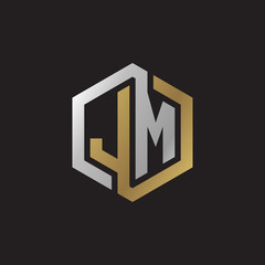 Initial letter JM, looping line, hexagon shape logo, silver gold color on black background