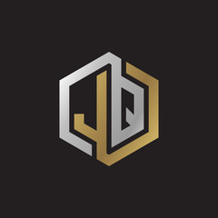 Initial letter JQ, looping line, hexagon shape logo, silver gold color on black background