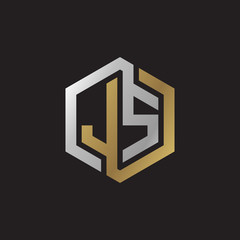 Initial letter JS, looping line, hexagon shape logo, silver gold color on black background