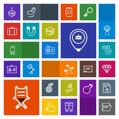 Modern, simple, colorful vector icon set with room, bomb, work, bottle, luxury, beauty, office, armchair, paper, landscape, fire, cardboard, nature, home, furniture, unpacking, chair, package icons