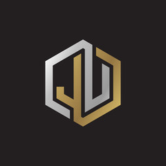 Initial letter JU, looping line, hexagon shape logo, silver gold color on black background