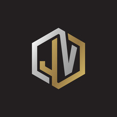 Initial letter JV, looping line, hexagon shape logo, silver gold color on black background