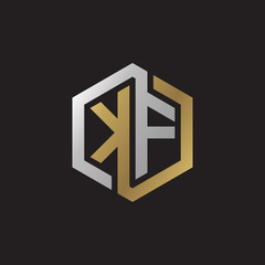 Initial letter KF, looping line, hexagon shape logo, silver gold color on black background