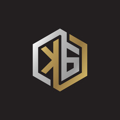 Initial letter KG, looping line, hexagon shape logo, silver gold color on black background