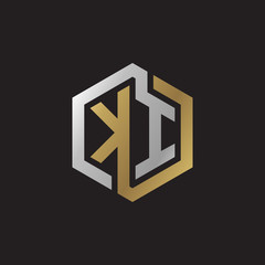 Initial letter KI, looping line, hexagon shape logo, silver gold color on black background