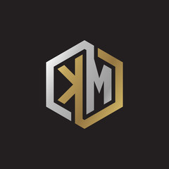 Initial letter KM, looping line, hexagon shape logo, silver gold color on black background