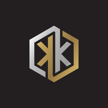 Initial letter KK, looping line, hexagon shape logo, silver gold color on black background