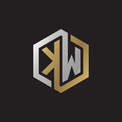 Initial letter KW, looping line, hexagon shape logo, silver gold color on black background