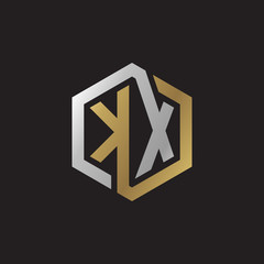 Initial letter KX, looping line, hexagon shape logo, silver gold color on black background